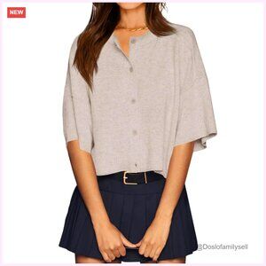 Oversized Cropped Ribbed Cardigan, Lightweight Knit, Half Sleeve Button Front